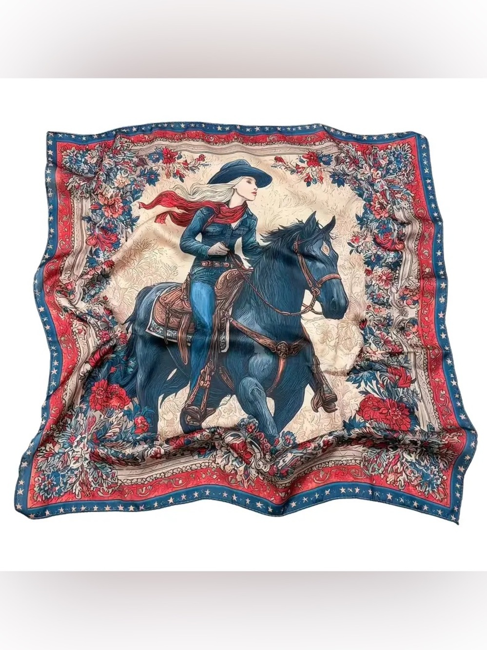 Midnight Cowgirl Floral Wild Rag Western Black Horse Silky Scarf Bandana NWT